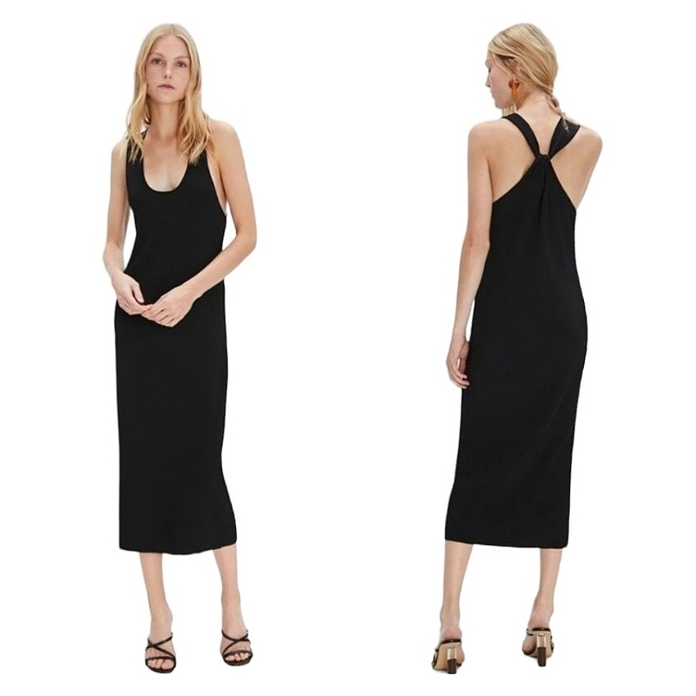 Zara Black Ribbed Twist Back Knit Tank Midi Dress Size Small Classic Cocktail